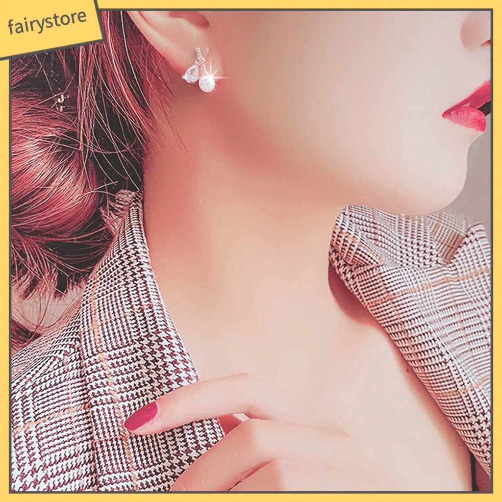 1 Đôi Bông Tai Chữ X Đính Đá Zircon Ngọc Trai Giả Lấp Lánh Phong Cách Pháp