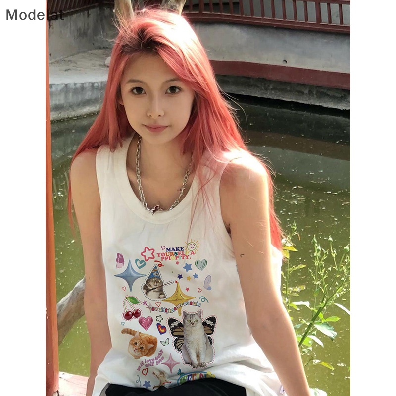 Áo Sát Nách Cổ Tròn Dáng Rộng In Họa Tiết Mèo Kiểu Retro Mỹ Thời Trang Mùa Hè Cho Nữ