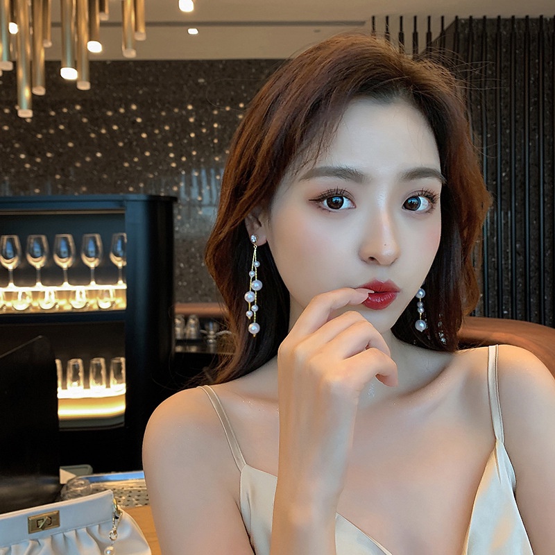 Bông Tai Mạ Bạc 925 Đính Ngọc Trai Tua Rua Phong Cách Cá Tính