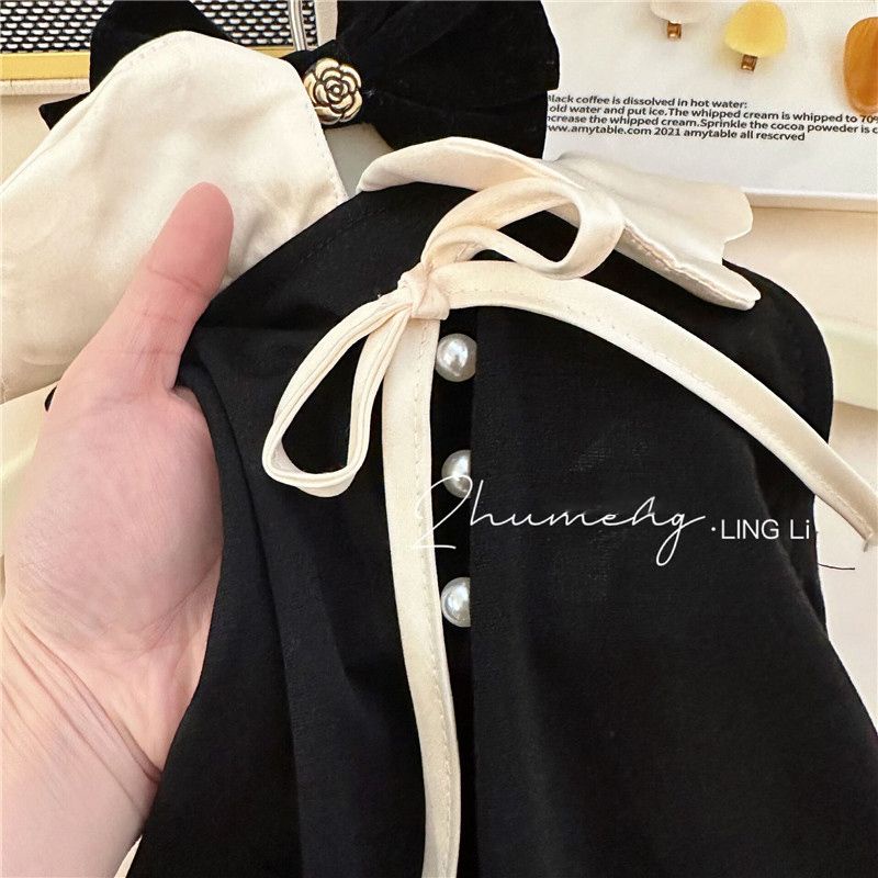 Đầm Không Tay Cổ Búp Bê Màu Đen Trơn Thời Trang Mùa Hè Hàn Quốc Cho Bé Gái