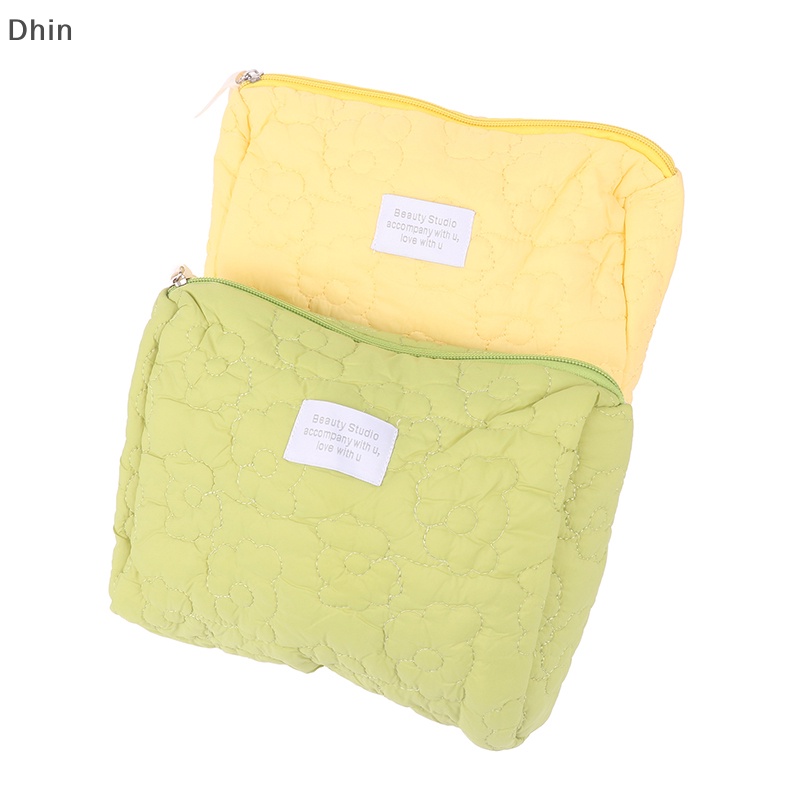 [Dhin] Túi Đựng Mỹ Phẩm Chần Bông Màu Trơn Họa Tiết Hoa Dễ Thương Dùng Khi Đi Du Lịch COD