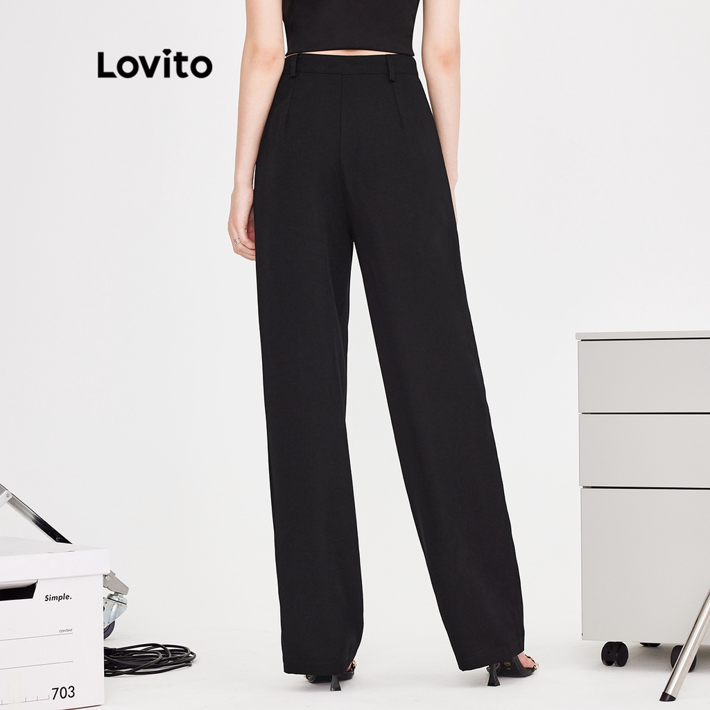 Quần Lovito cạp cao dáng suông cài nút trước màu trơn thanh lịch cho nữ L51ED077 (Màu đen)