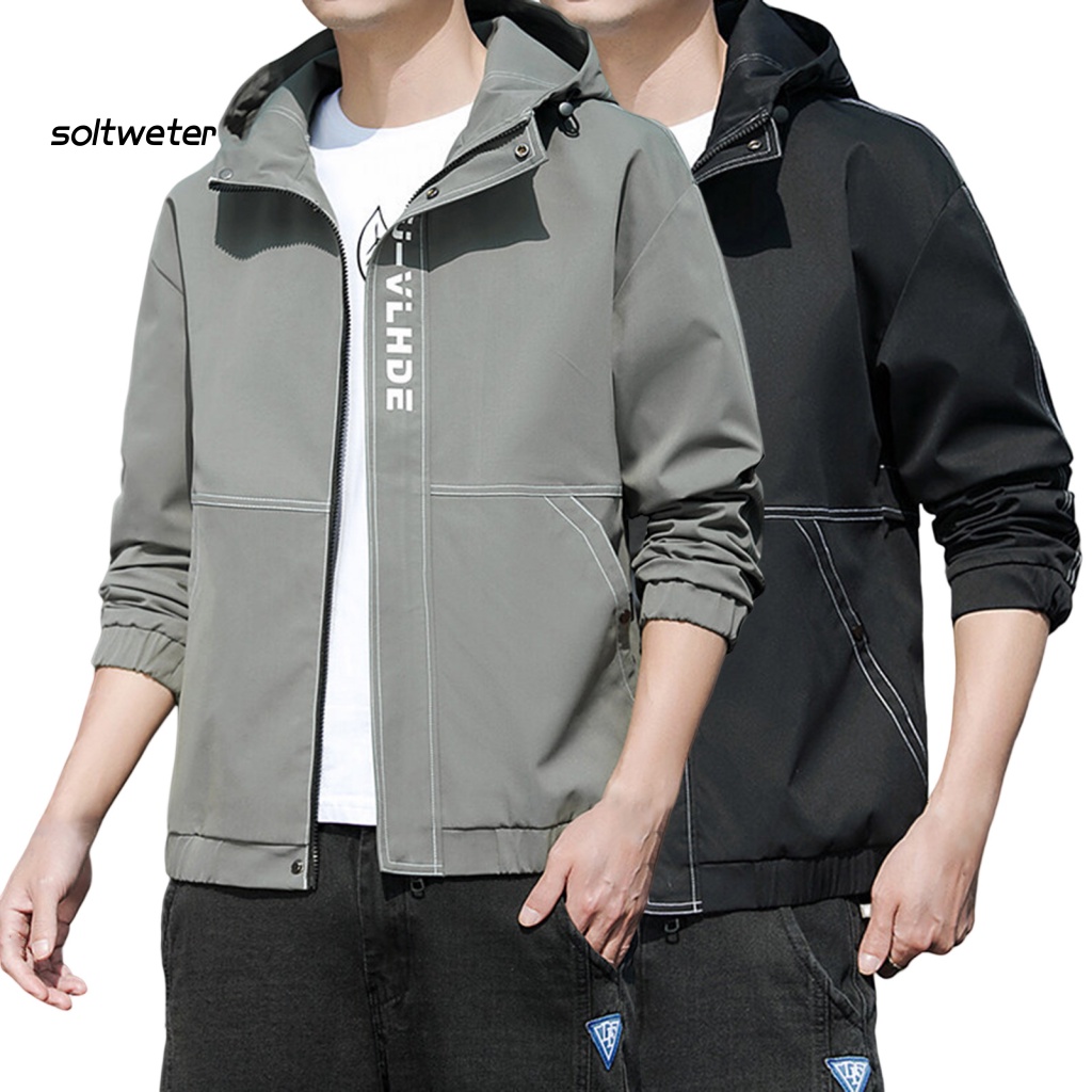 Áo Khoác Gió Màu Sắc Đơn Giản Có Mũ Trùm Phối Dây Rút Co Giãn Tốt Thời Trang Đường Phố Cho Nam