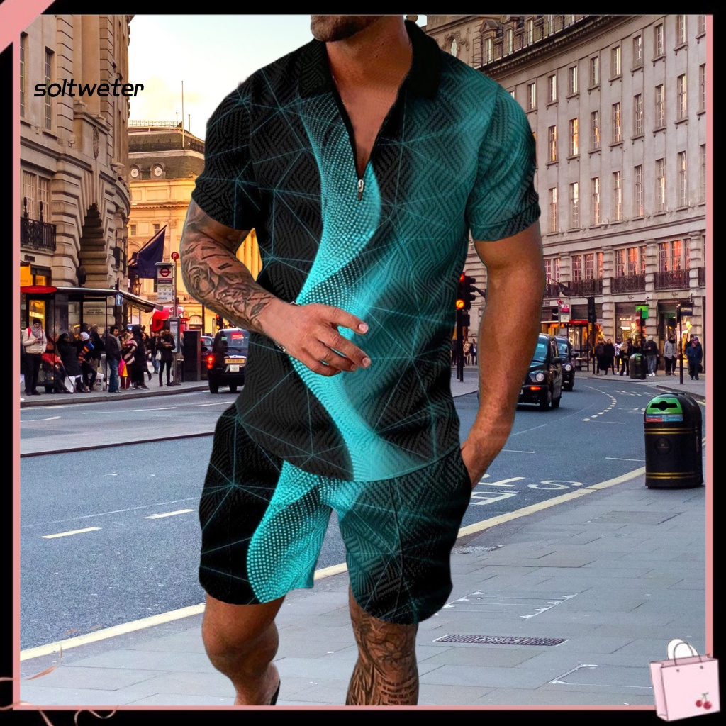 1 Bộ Đồ Thể Thao Áo Cổ Bẻ In Họa Tiết 3D Có Túi Thời Trang Mùa Hè Cho Nam