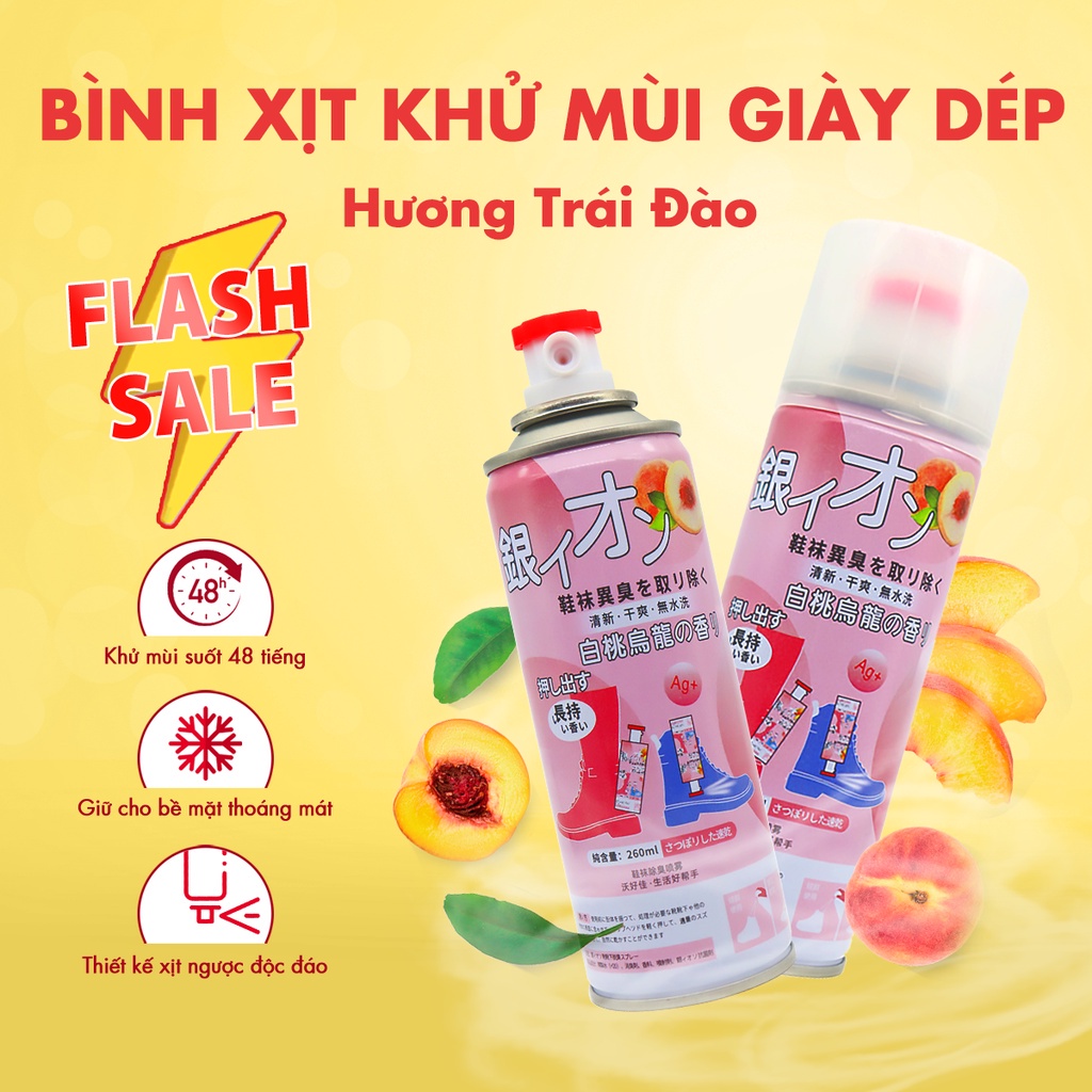 Chai xịt khử mùi giày dép Nano Bạc hương trái đào diệt khuẩn Shoes 2h 1 lọ 260ml, làm thơm tủ giày, quần áo, tất vớ chân