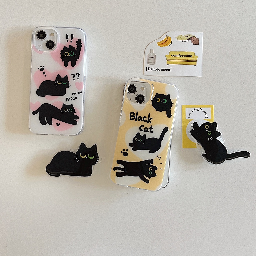 Ốp Điện Thoại imd Mềm Trong Suốt In Hình Mèo Đen Dễ Thương Có Giá Đỡ Cho iPhone 11 13 12 14 Pro Max