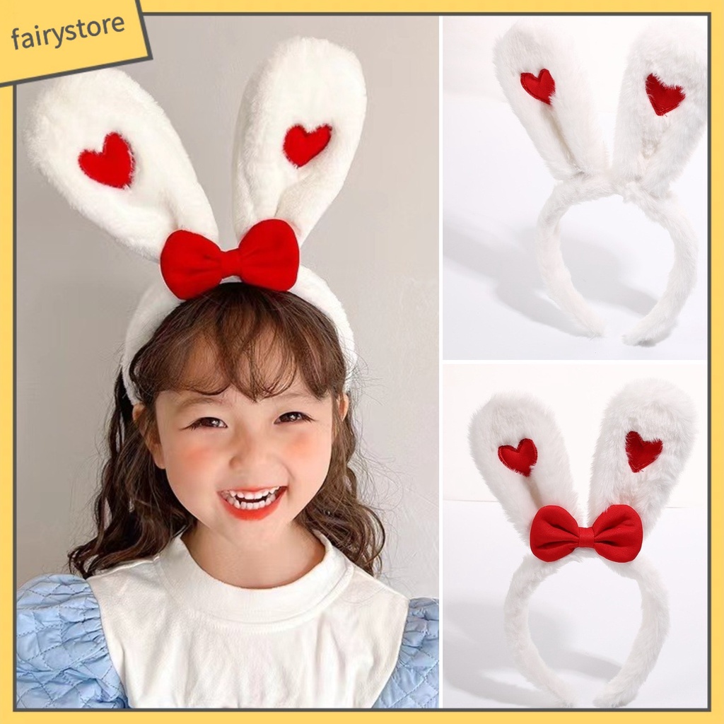 Băng Đô Cài Tóc Tai Thỏ Bằng Vải Bông Mềm Mại Co Giãn Đính Nơ In Họa Tiết Trái Tim Màu Tương Phản