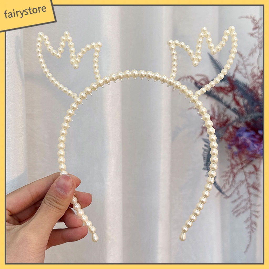 Băng Đô Hình Sừng Hươu Đính Ngọc Trai Giả Màu Trơn Co Giãn Dành Cho Nữ