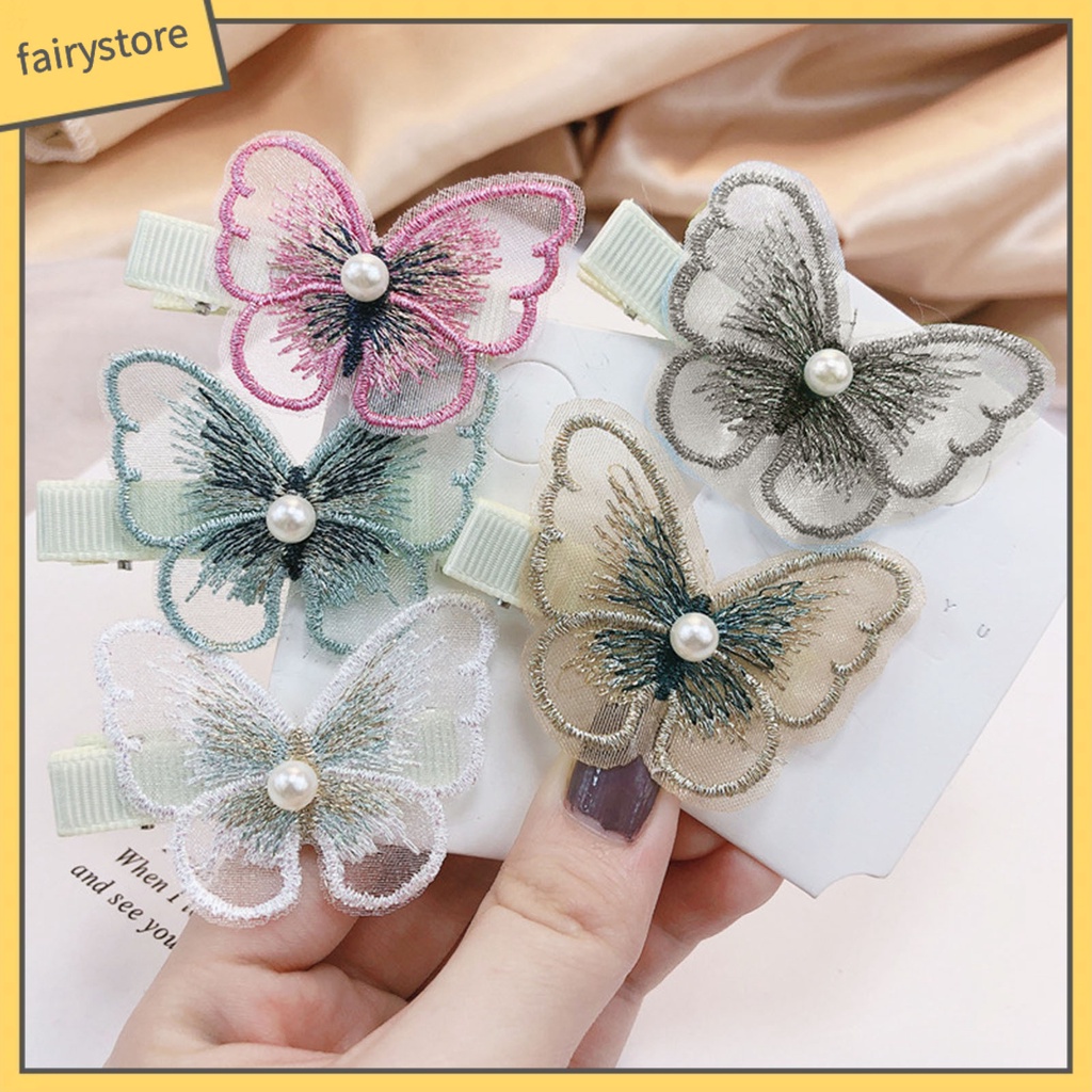 Set 10 Kẹp Tóc Vải Ren Thêu Hình Bướm 3D Ngọt Ngào