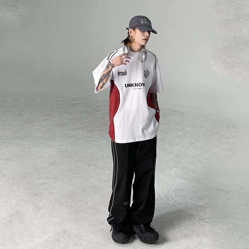 Áo Thun Thể Thao Tay Ngắn In Chữ Niche Màu Sắc Tương Phản Phong Cách Retro Mỹ Cho Cặp Đôi