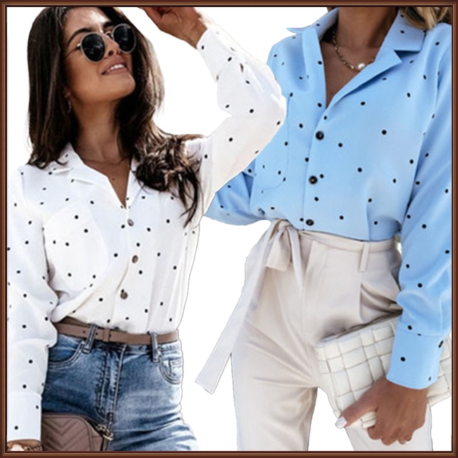 Áo Sơ Mi Dài Tay Họa Tiết Chấm Bi Thanh Lịch Cho Nữ