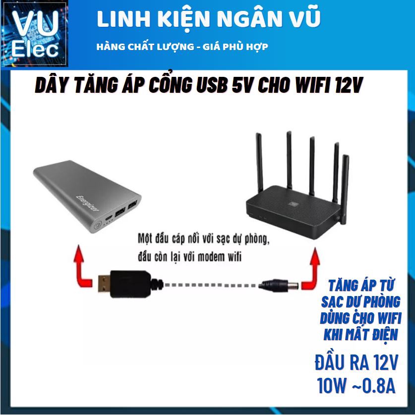 Dây nguồn USB kích sạc dự phòng lên 9 - 12V cho wifi