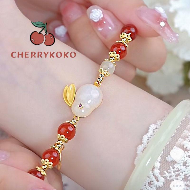 🍒🍒CHERRYKOKO Vòng Tay Xâu Hạt Đỏ May Mắn Hình Thỏ May Mắn Phong Cách Trung Hoa Dành Cho Nữ