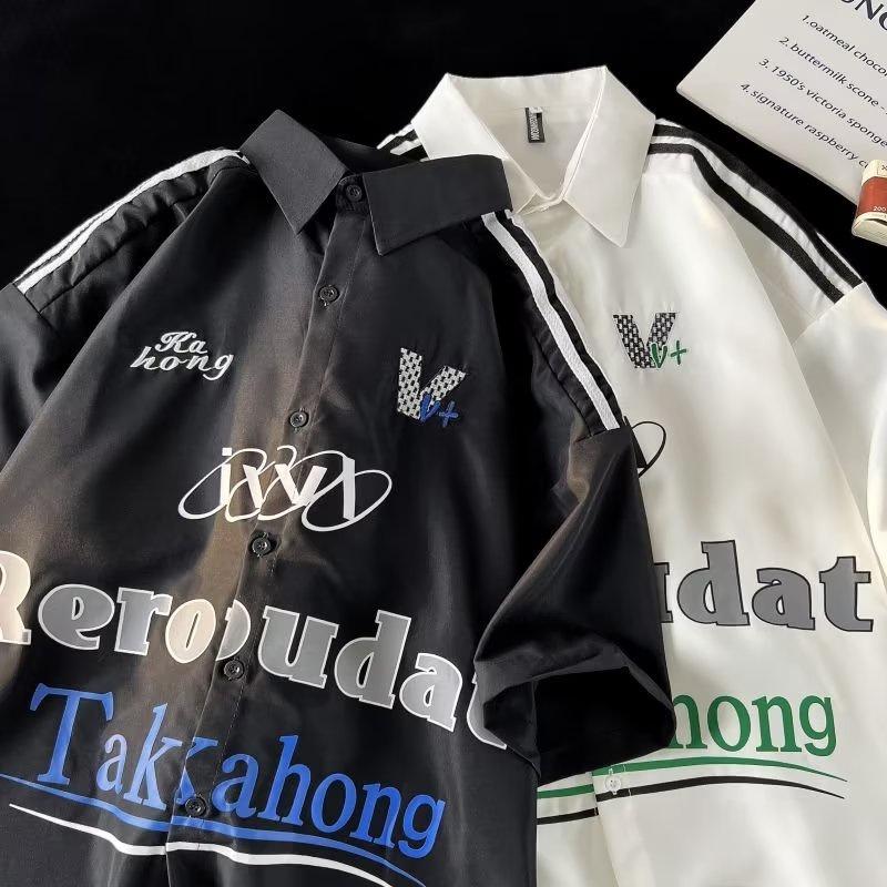 Áo Thun polo Ngắn Tay Form Rộng Thêu Họa Tiết Phong Cách Đường Phố Mỹ