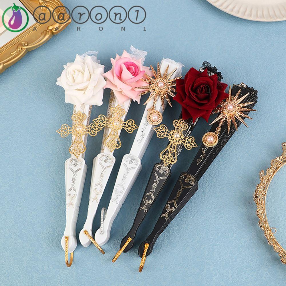 Aaron1 Quạt Xếp Phối Ren Hoa Hồng Nghệ Thuật Phong Cách Gothic Cổ Điển Dùng Làm Đạo Cụ Chụp Ảnh
