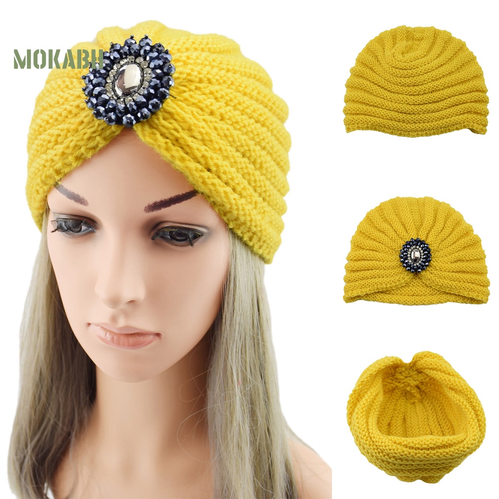 [Mok Abh] Mũ Beanie Sợi Acrylic Pha Lê Nhân Tạo Rộng Gấp Lại Được Dùng Hàng Ngày Dành Cho Bạn Nữ