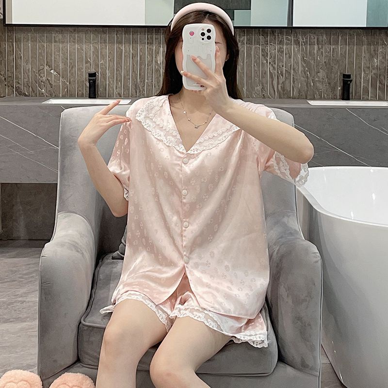 Bộ Đồ Ngủ Tay Ngắn Cổ Chữ v Bằng Lụa Mỏng Phối Ren Phong Cách Phương Tây Thời Trang Mùa Hè Cho Nữ