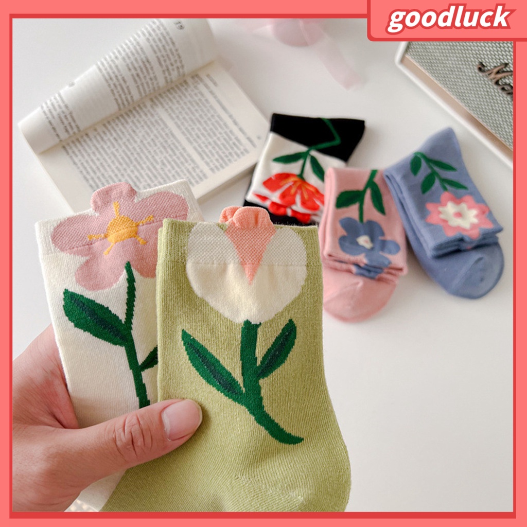 1 Đôi Vớ Mềm Co Giãn Thoáng Khí Chống Trượt Và Thấm Hút Mồ Hôi In Hình Hoa Tulip Dành Cho Nữ