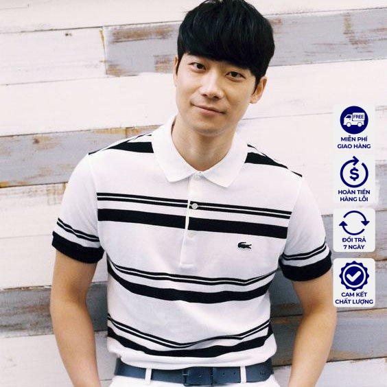 Áo Polo cao cấp Nam trắng sọc đen chất vải cá sấu cotton cao cấp co giãn mềm thấm hút mồ hôi có kèm hộp