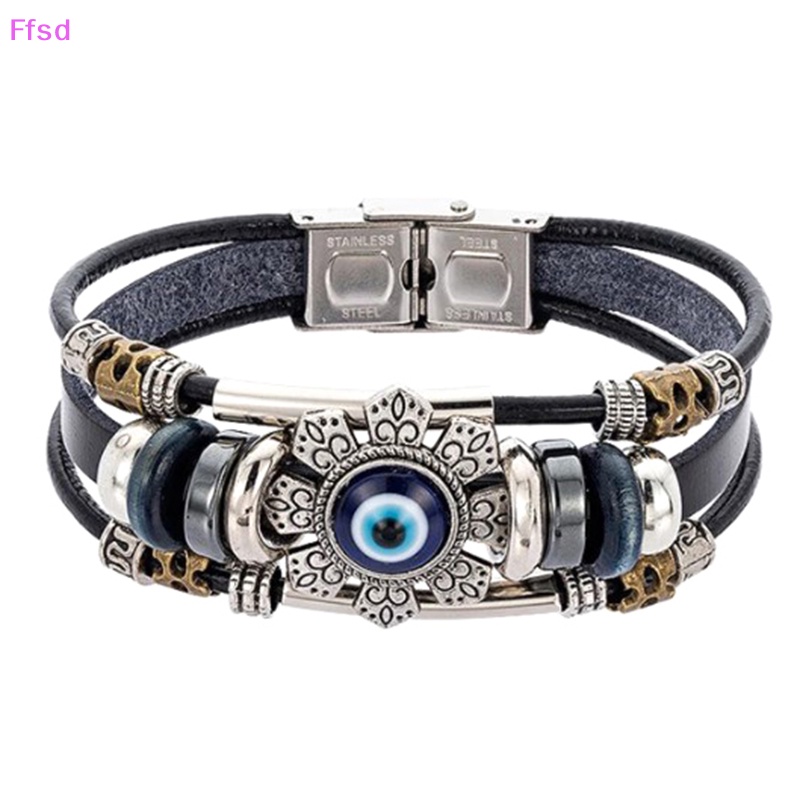 {Ffsd} Vòng Tay Da Màu Đen Xỏ Hạt Nhiều Lớp Hình Mắt Quỷ May Mắn Phong Cách Punk Cho Nam Và Nữ