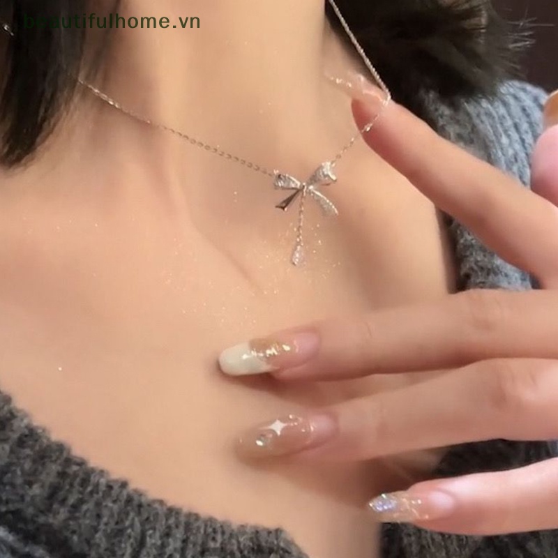 Dây Chuyền Mặt Nơ Tua Rua Đính Đá Zircon Thanh Lịch Thời Trang Hàn Quốc Cho Nữ [Beautyhome]