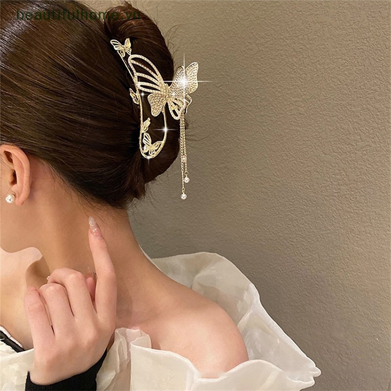 Kẹp Tóc Cá Mập Bằng Kim Loại Đính Ngọc Trai &amp; Bướm Cho Nữ