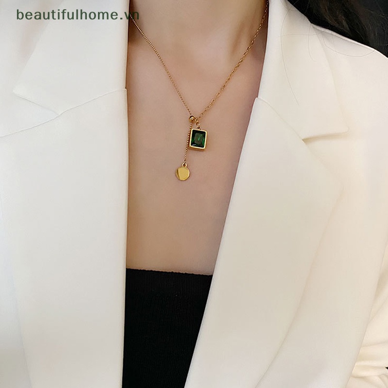 Vòng cổ Mặt Đá Xanh Lá Bằng Thép Không Gỉ Phong Cách Hip Hop Thời Trang Cho Nữ