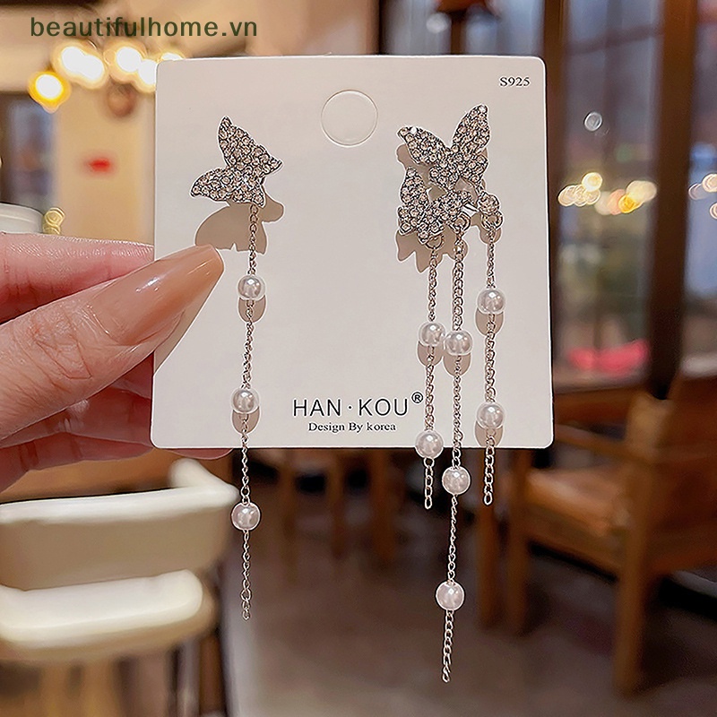 1 Đôi Bông Tai Bạc Tua Rua Hình Bướm Đính Ngọc Trai Zircon Không Đối Xứng Phong Cách Hàn Quốc Cho Nữ