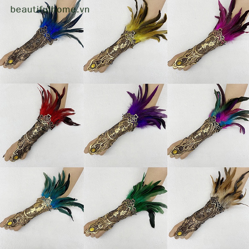 [beautifulhome] Găng Tay Lưới Ren Lông Vũ Dài Hở Ngón Màu Vàng Kim Quyến Rũ Phụ Kiện Làm Đẹp Cho Nữ Đi Tiệc [beauty]