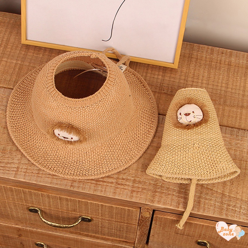 Khung Thành Cho Bé Chất Lượng Cao❤Mũ Cói Hở Chóp Thêu Hình Sư Tử Hoạt Hình Phong Cách Hàn Quốc Cho Nữ