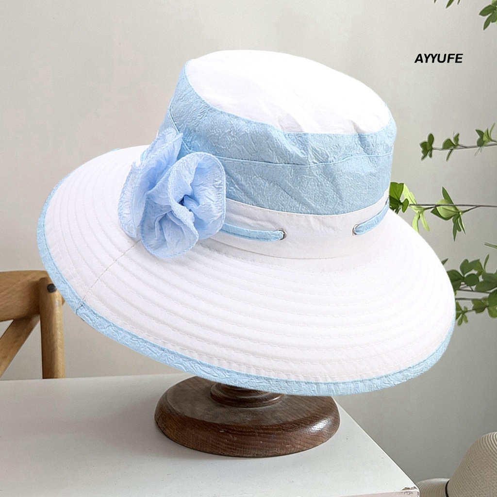 [AYYUFE] Mũ Bucket Chống Nắng Vành Rộng Có Dây Thun Đính Hoa Trang Trí Chắp Vá Màu Sắc Dành Cho Bạn Nữ