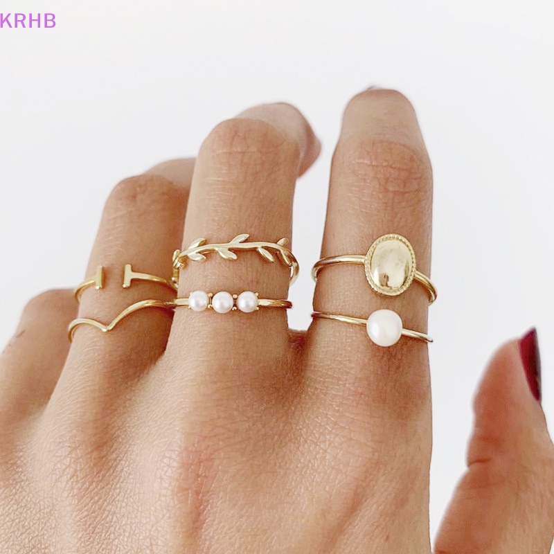 Set 6 Nhẫn Đeo Khớp Ngón Tay Đính Ngọc Trai Giả Phong Cách Bohemian Cho Nữ Mới