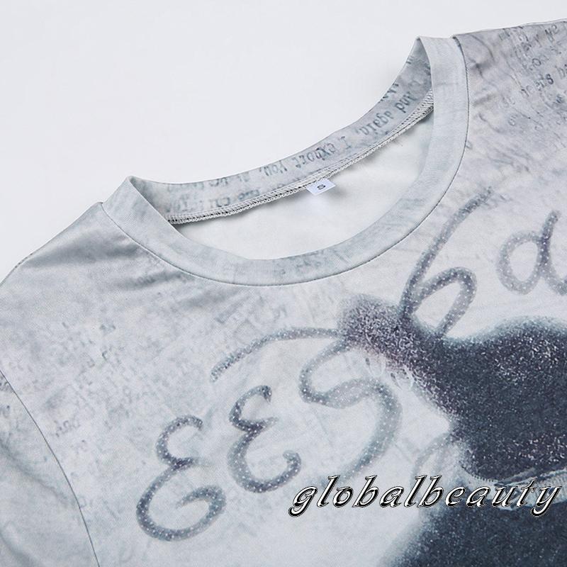 Áo Thun Croptop Ngắn Tay Cổ Tròn In Họa Tiết Trừu Tượng Thời Trang Xuân Hè