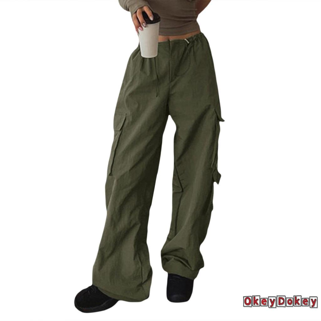 Quần Baggy Dáng Rộng Lưng Vừa Màu Trơn Có Túi Dây Rút Cho Nữ