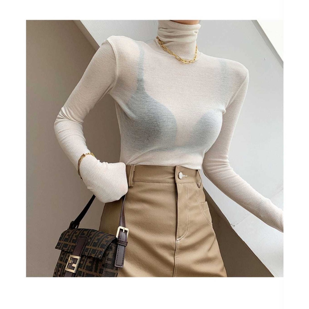 Áo Thun Tay Dài Cổ Cao Dáng Ôm Thời Trang Mùa Xuân Cho Nữ