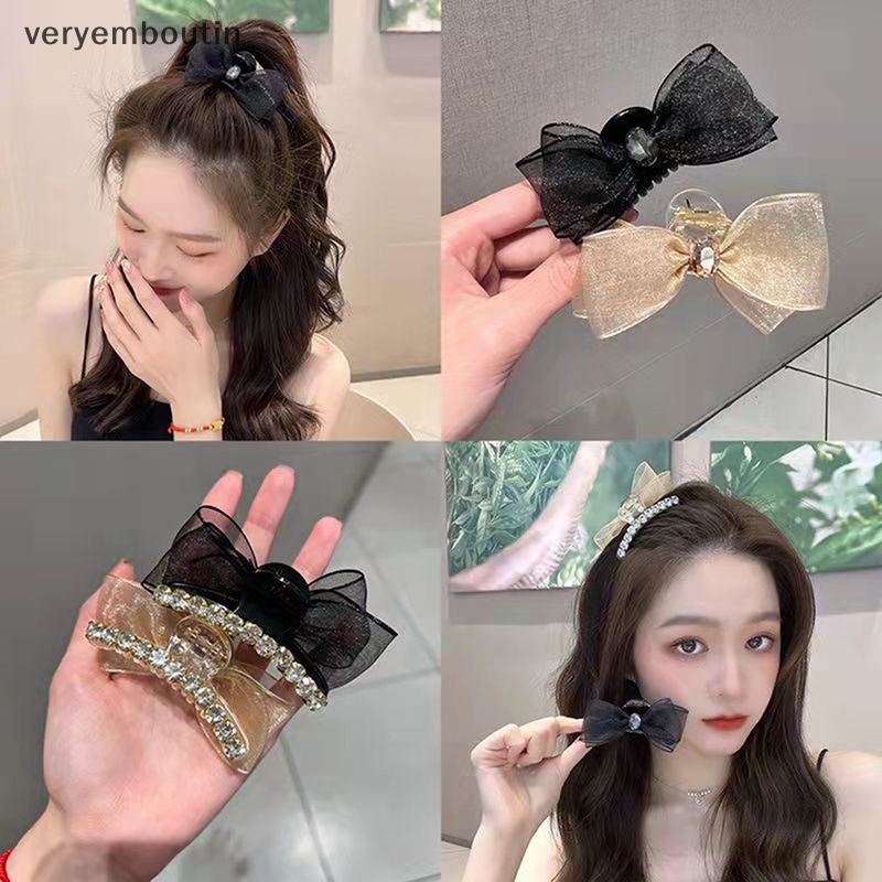 Kẹp Tóc Hình Nơ Lưới Hai Mặt Bằng Acrylic Đính Đá Sáng Ngọt Ngào Trong 1 Mới n