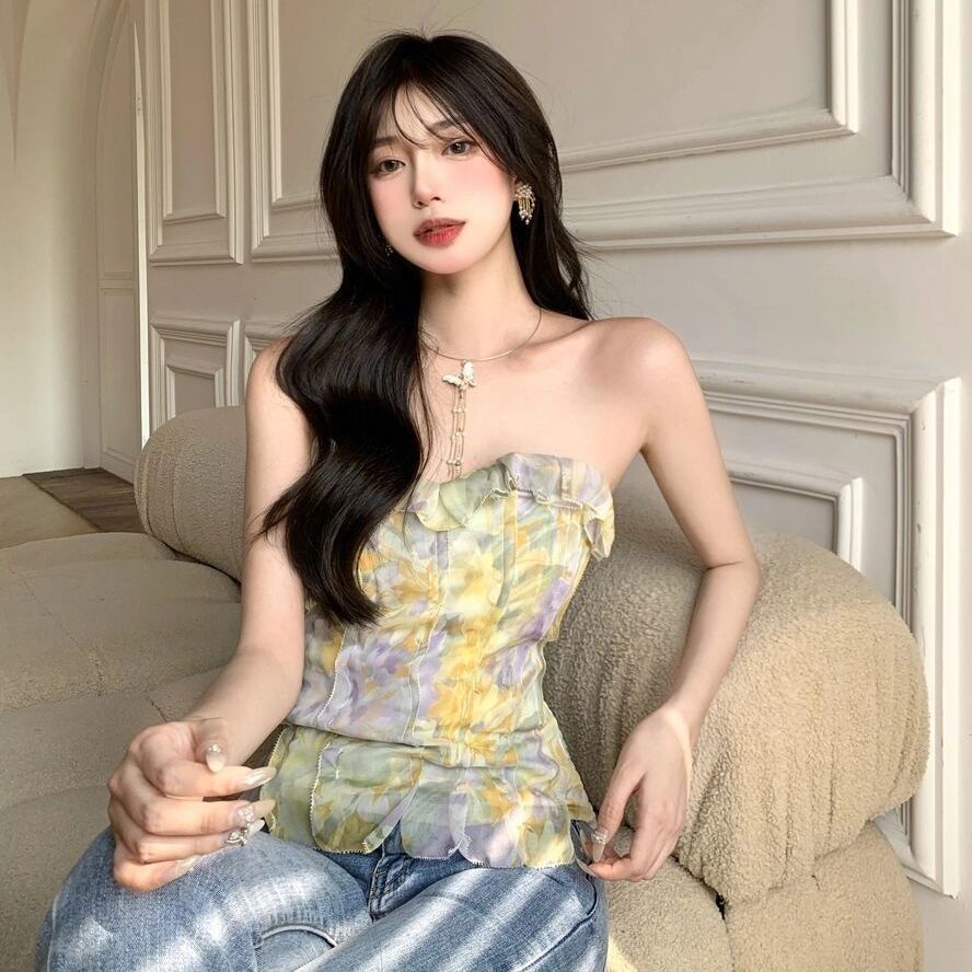 Áo Hai Dây Dáng Ngắn Họa Tiết Hoa Phong Cách Pháp Thời Trang Cho Nữ