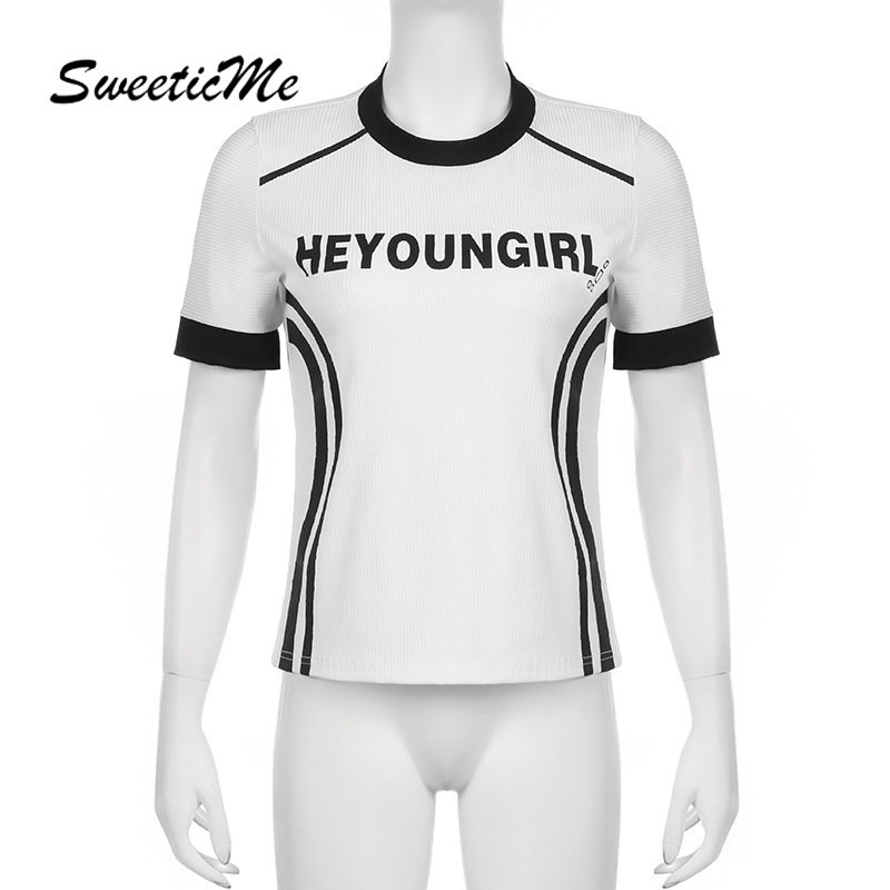 Áo Thun Thể Thao Cổ Tròn In Chữ Phối Màu Tương Phản Thời Trang 2023 Cho Nữ