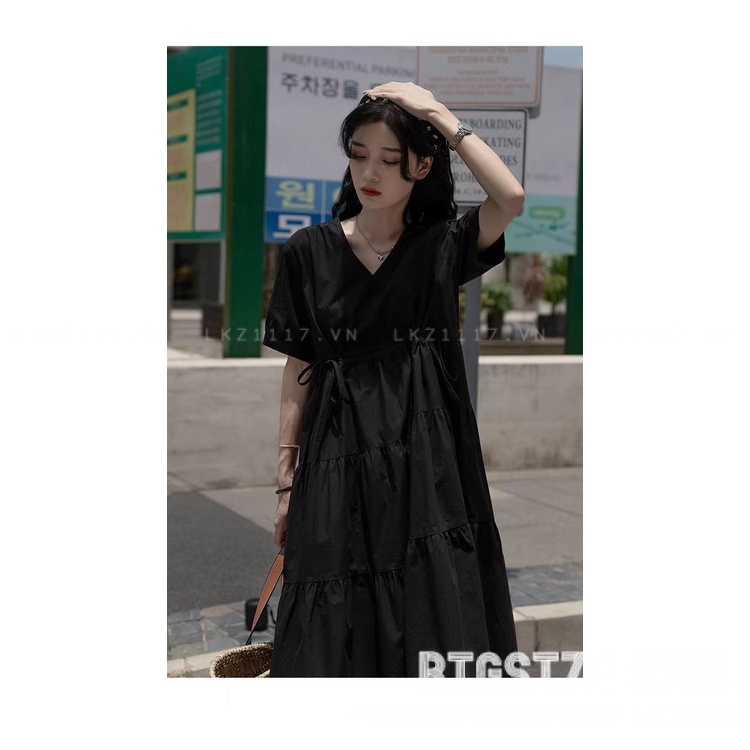 Váy đầm nữ Bigsize Đầm babydoll dáng dài tay ngắn cổ chữ v đen mùa hè Phong cách Hàn Quốc Thời Trang đẹp