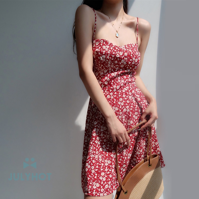 Mùa Hè Mát Mẻ Hoa In Váy Phụ Nữ Voan Spaghetti Dây Đeo Váy Bãi Biển Backless Dresses VN
