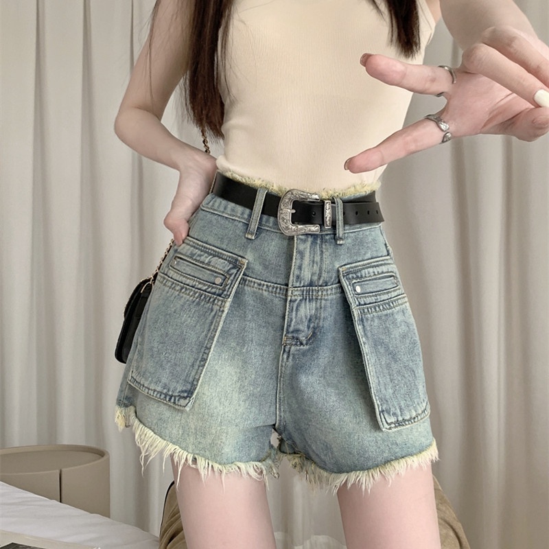 Quần Short Denim Lưng Cao Ống Rộng Phối Túi Lớn Thời Trang Mùa Hè Cho Nữ