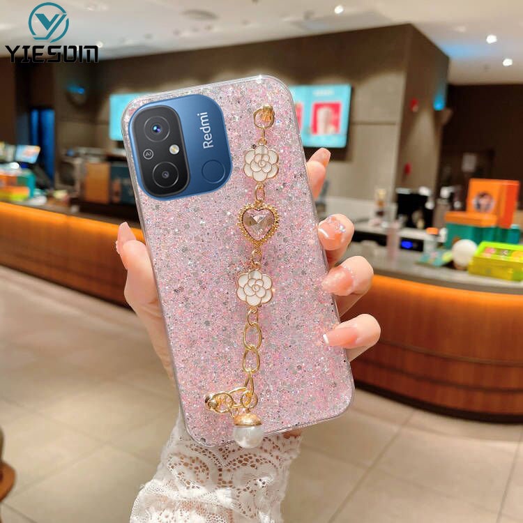 Ốp Điện Thoại Silicon Dẻo Đính Ngọc Trai Lấp Lánh Sang Trọng Kèm Vòng Đeo Tay Cho Xiaomi Redmi 12C 10C 9C 10 10A 9A 9T