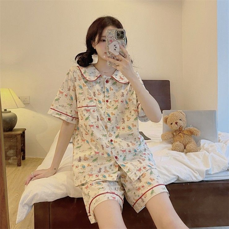 Bộ Đồ Ngủ Tay Ngắn Chất Cotton In Họa Tiết Hoạt Hình Chú Chó Dễ Thương Thời Trang Mùa Hè Cho Nữ