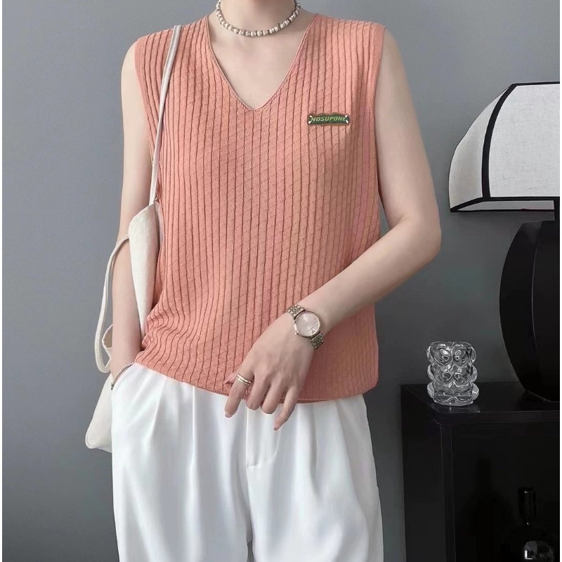 Áo Hai Dây Dệt Kim Mỏng Cổ Chữ V Đính Hạt Thời Trang Mùa Hè Cho Nữ