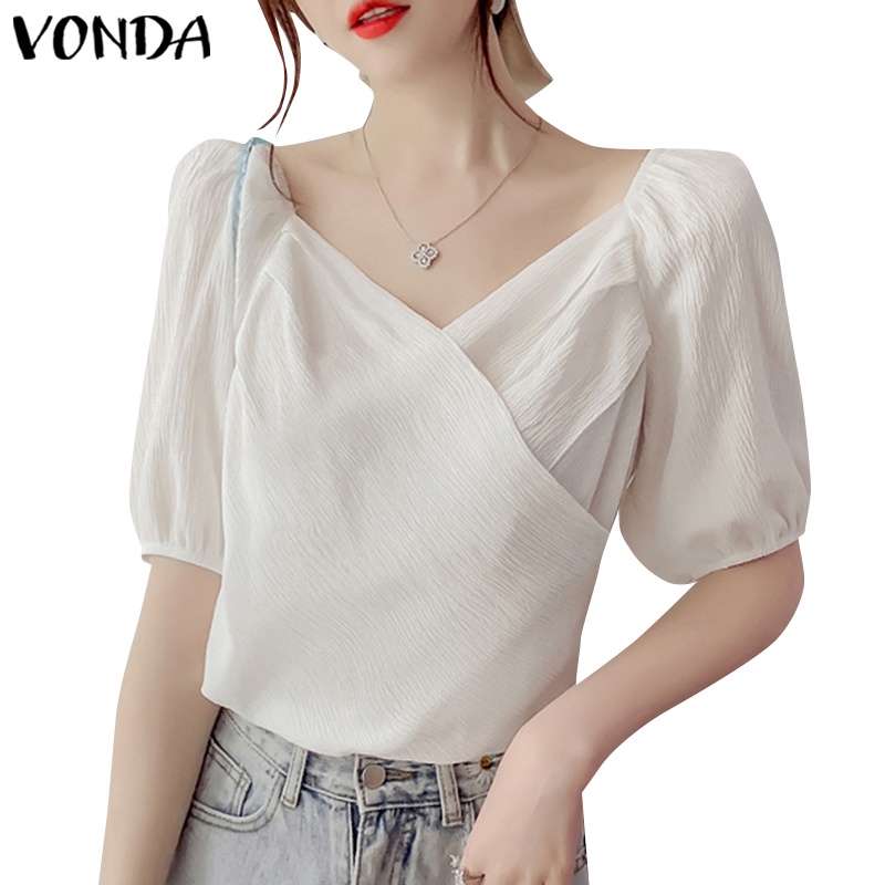 Áo Sơ Mi Tay Lửng Phồng Cổ Chữ V Màu Trơn Thời Trang Hàn Quốc Dành Cho Nữ