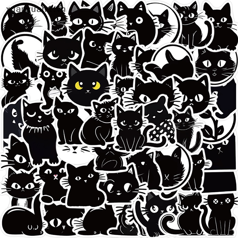 Set 50 Miếng Dán Hình Mèo Đen Xinh Xắn Trang Trí Laptop / Vali / Xe Đạp