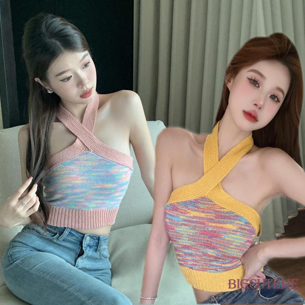 [] - Áo Croptop Không Tay Ôm Dáng Màu Sắc Tương Phản Thời Trang Mùa Hè Cho Nữ