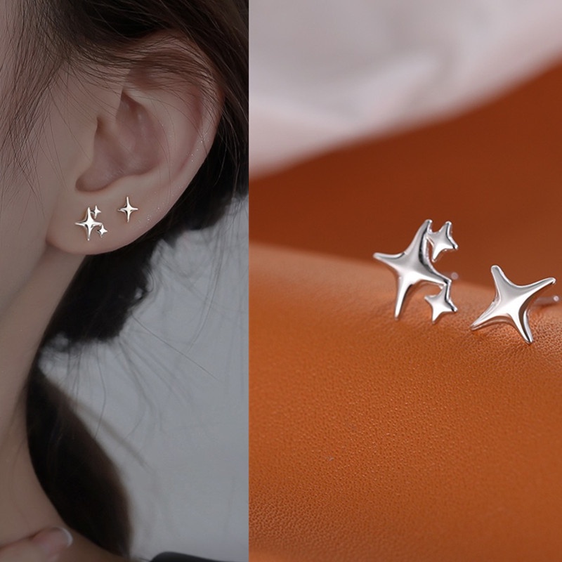 S925 Ins Bông Tai May Mắn Bốn Tai Không Đối Xứng Thiết Kế Bốn Đầu Ngôi Sao Xương Tai Ngôi Sao Nhỏ Cho Nữ