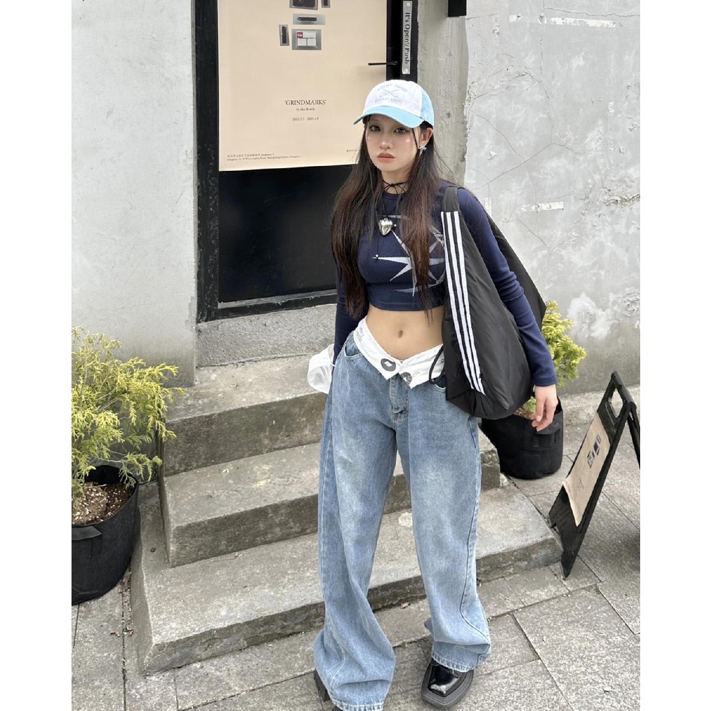 Quần Jean Nữ Ống Rộng Lưng Cao Phong Cách Đường Phố Mỹ Cá Tính