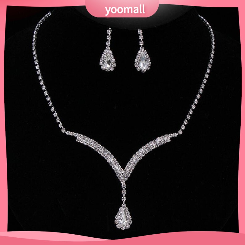 Bộ Vòng cổ + Bông Tai Đính Kim Cương Giả Màu Bạc Sang Trọng Cho Nữ